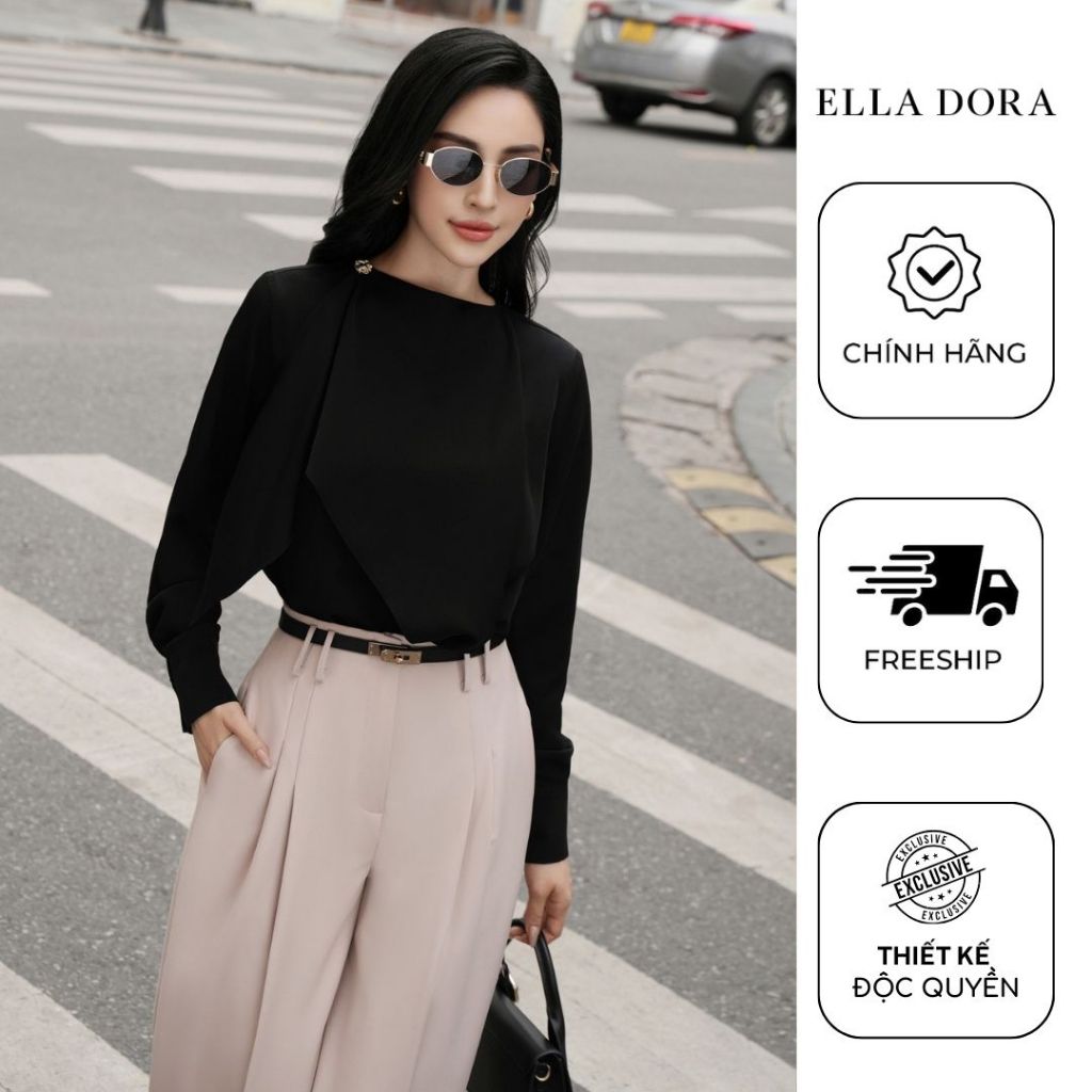 Áo sơ mi đen công sở cổ tròn 1 cúc vàng ELLA DORA form suông dài tay thanh lịch sang trọng  [SM131]