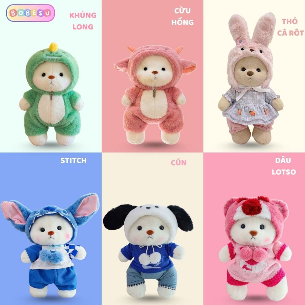 Gấu Bông Lena Bear Mặc Quần Áo Cosplay Thỏ Cún Stitch Khủng Long Dễ Thương Quà Tặng Cho Bạn Gái,Trai Cho Bé Sinh Nhật