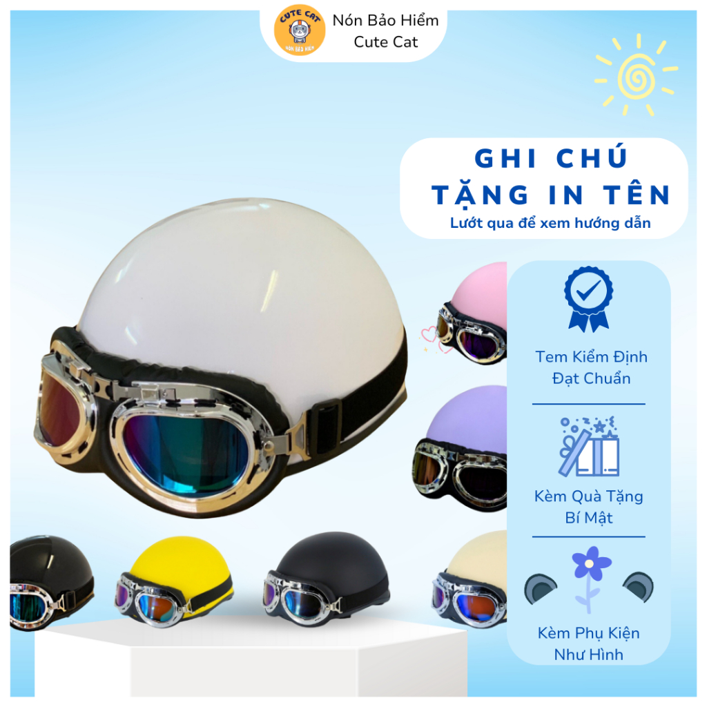 Mũ Bảo Hiểm Nửa Đầu Kèm Kính Phi Công Có Nhiều Màu Lựa Chọn Khóa Đỏ Pull Cao Cấp, Nón Bảo Hiểm 1/2 Đầu CUTE CAT