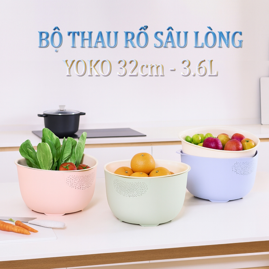 [MỚI] Bộ thau rổ SÂU LÒNG Yoko Inochi size lớn 32 cm (3,6 L), có ion bạc kháng khuẩn, dễ vệ sinh