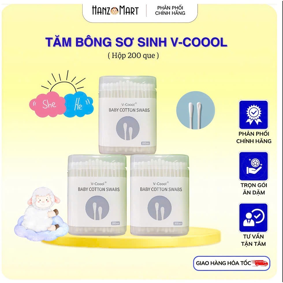 Tăm bông trẻ em Vcool kháng khuẩn ( hộp 200 que lõi giấy) cho bé sơ sinh ngoáy tai, mũi