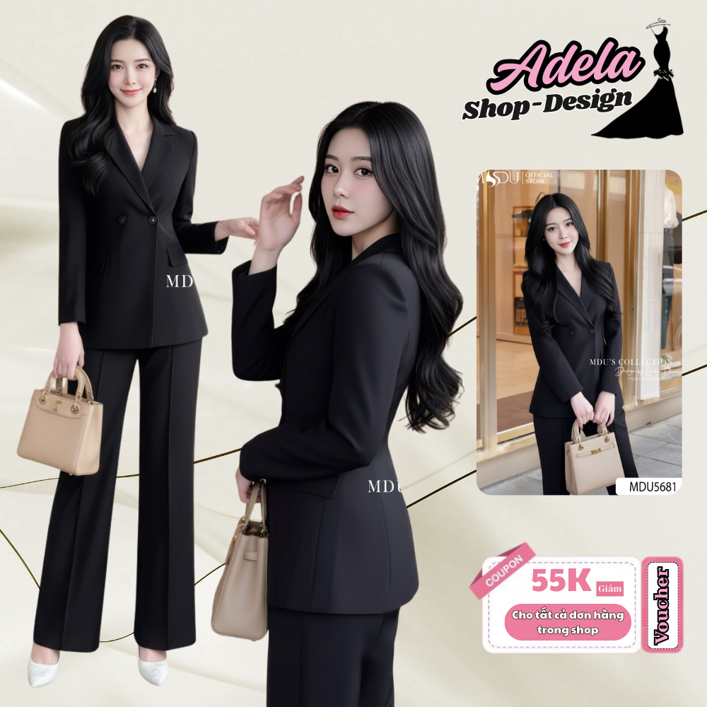 Bộ Vest Thiết Kế ADELA DESIGN Công Sở Với Gam Màu Đen Basic Chất Gold Nhật Cao Cấp Từ MDU5681