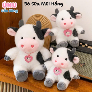 Gấu Bông Bò Sữa Mũi Hồng 45 -50cm Đeo Vòng Cổ Trái Tim, Gấu Bông Tặng Bạn Bè Dịp Lễ Hình Bò Sữa