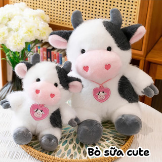 Gấu Bông Bò Sữa Mũi Hồng 45 -50cm Đeo Vòng Cổ Trái Tim, Gấu Bông Tặng Bạn Bè Dịp Lễ Hình Bò Sữa