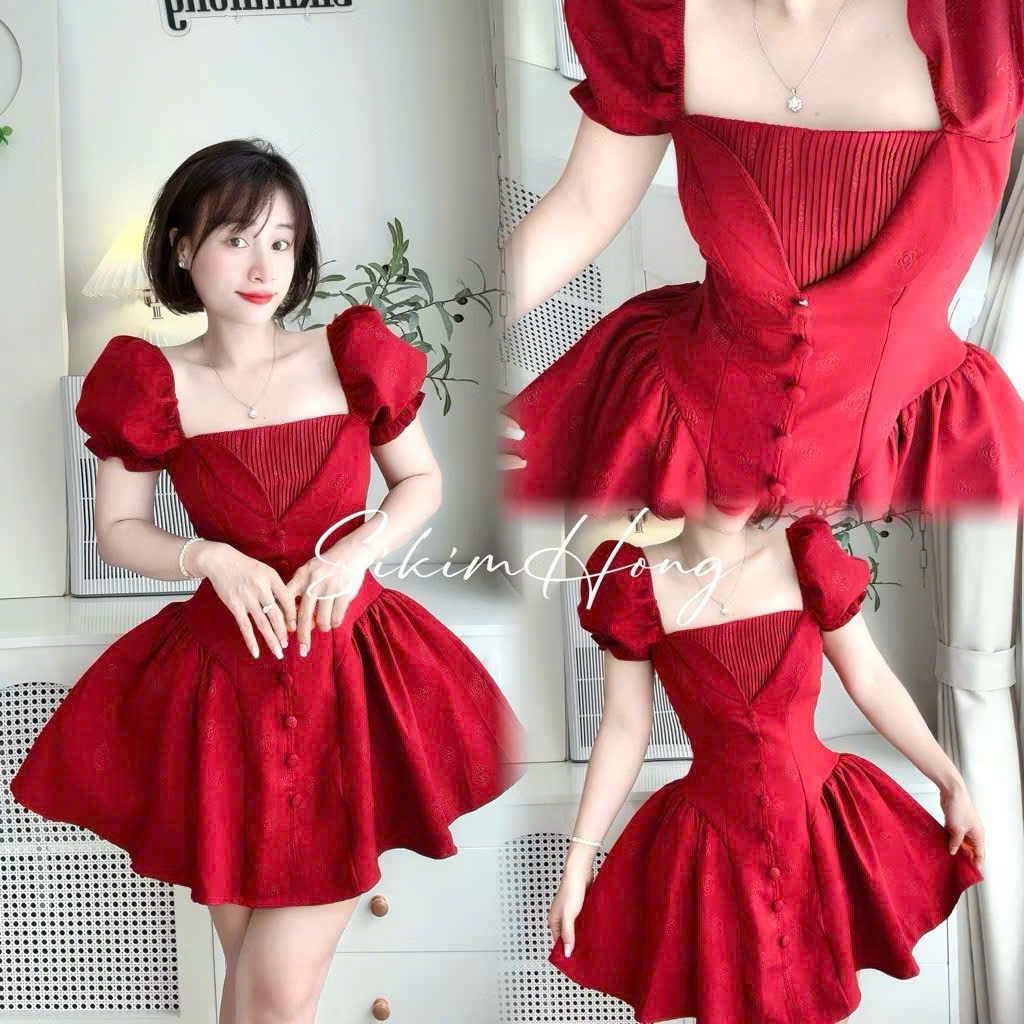Đầm xước hàn dập bông dáng corset công chúa – tay phồng vintage siêu xinh, form tôn eo, mặc đi chơi cực sang