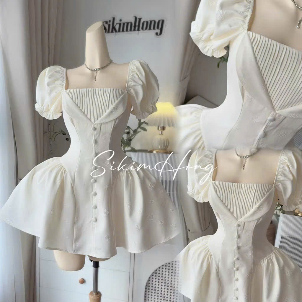Đầm xước hàn dập bông dáng corset công chúa – tay phồng vintage siêu xinh, form tôn eo, mặc đi chơi cực sang