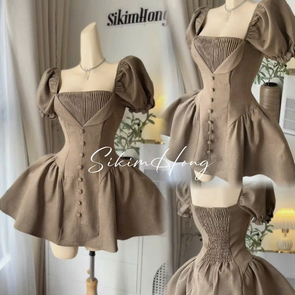 Đầm xước hàn dập bông dáng corset công chúa – tay phồng vintage siêu xinh, form tôn eo, mặc đi chơi cực sang