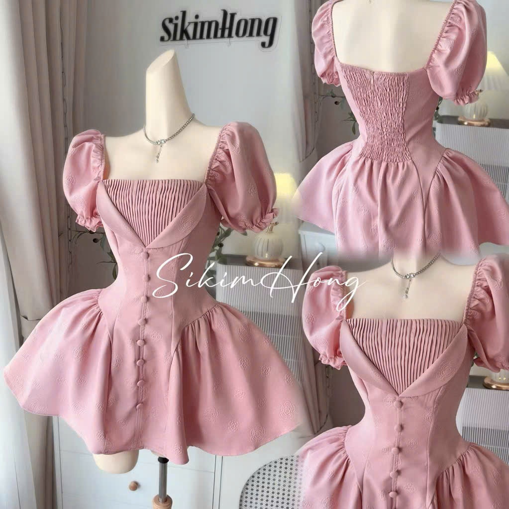 Đầm xước hàn dập bông dáng corset công chúa – tay phồng vintage siêu xinh, form tôn eo, mặc đi chơi cực sang