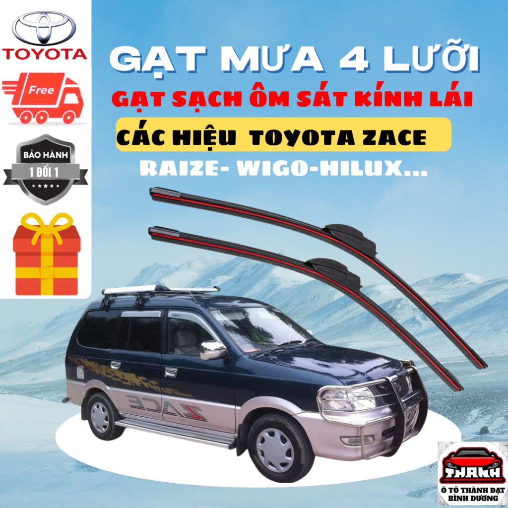 Gạt Mưa Ô TÔ TOYOTA ZACE, RUSH, RAIZE, FOTUNER, INNOVA, VIOS, Silicon 4 Lưỡi Gạt Sạch Êm 4L