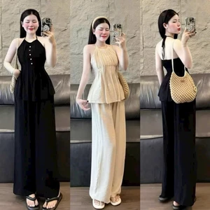 Set bộ đũi Hàn mềm thoáng cổ yếm eo chuẩn dáng – quần ống rộng thời trang, mặc hè cực mát nhẹ