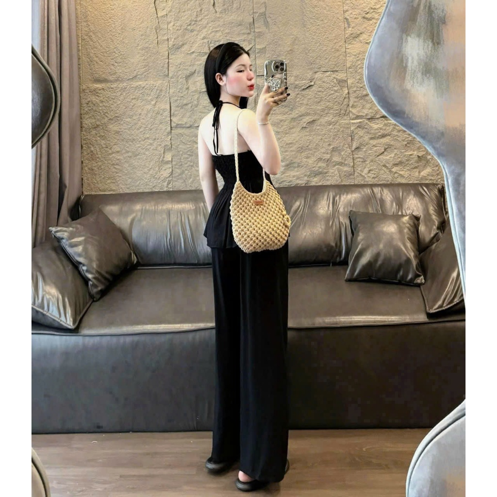 Set bộ đũi Hàn mềm thoáng cổ yếm eo chuẩn dáng – quần ống rộng thời trang, mặc hè cực mát nhẹ