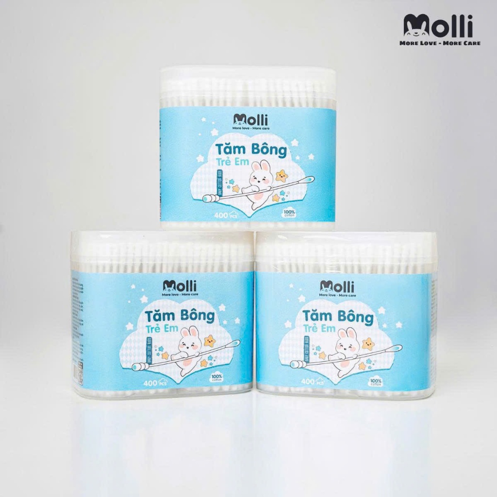 Tăm bông MOLLI cho bé sơ sinh và trẻ em 2 đầu dẹt và tròn kháng khuẩn an toàn