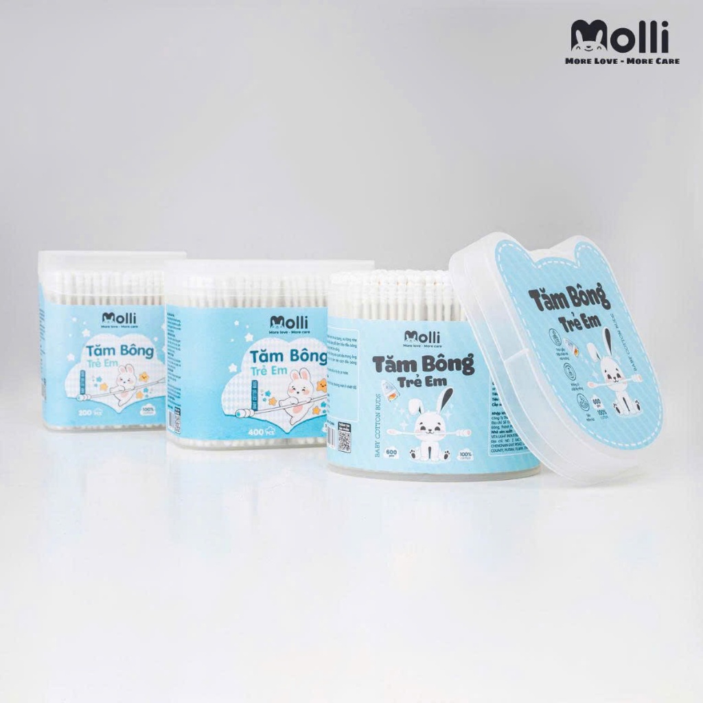 Tăm bông MOLLI cho bé sơ sinh và trẻ em 2 đầu dẹt và tròn kháng khuẩn an toàn