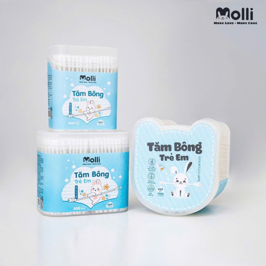 Tăm bông MOLLI cho bé sơ sinh và trẻ em 2 đầu dẹt và tròn kháng khuẩn an toàn