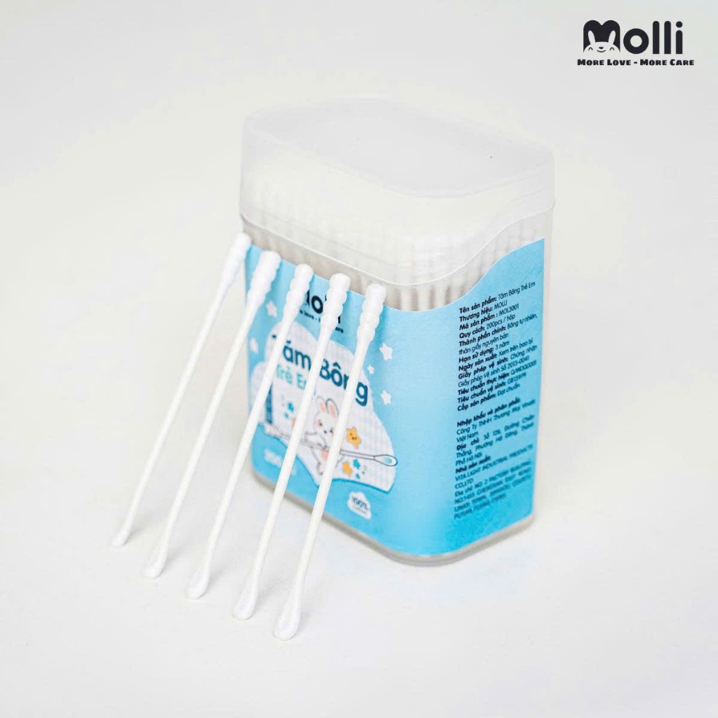 Tăm bông MOLLI cho bé sơ sinh và trẻ em 2 đầu dẹt và tròn kháng khuẩn an toàn