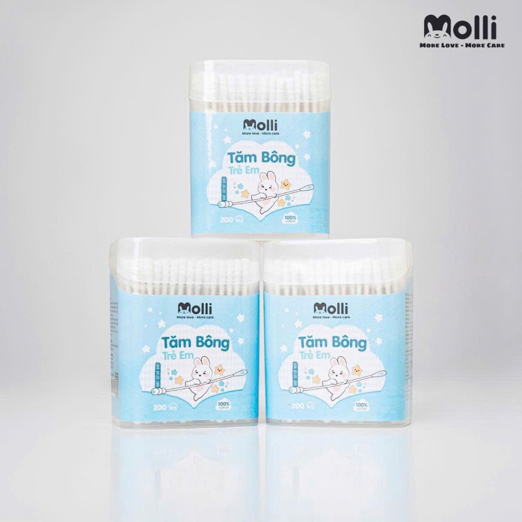 Tăm bông MOLLI cho bé sơ sinh và trẻ em 2 đầu dẹt và tròn kháng khuẩn an toàn