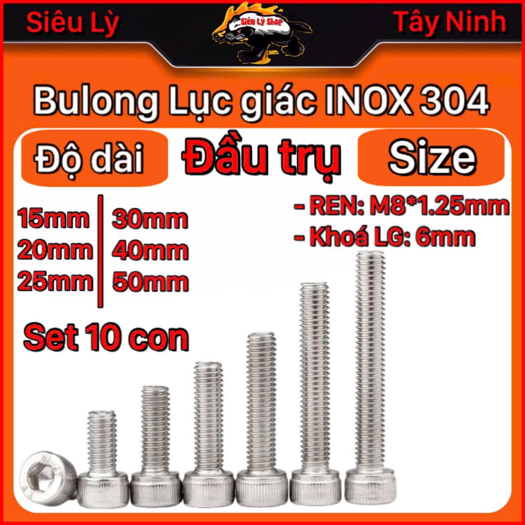 Set 10 con Bulong Lục giác INOX 304 - Đầu trụ - REN M8*1.25mm - Độ dài ...