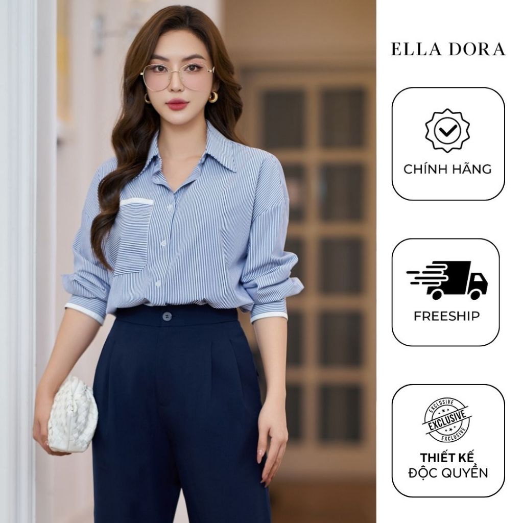 Áo sơ mi ELLA DORA thiết kế kẻ phối trắng form suông thanh lịch sang trọng phong cách công sở [SM91]