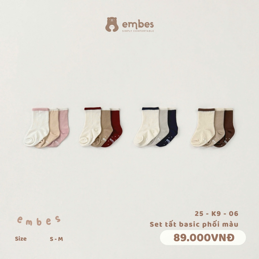 Tất Cho Bé Embes, Set 3 Đôi Vớ Chống Trơn Chất Cotton Mềm Mại Co Giãn Cho Bé Trai Bé Gái Từ 1-4 Tuổi