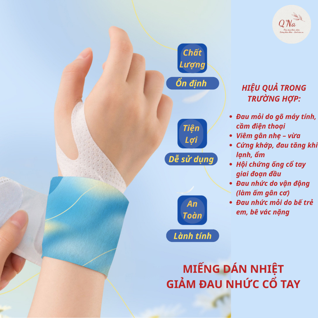 Miếng dán nhiệt cổ tay giảm đau nhức mỏi cổ tay do thể thao, bê vác nặng sai tư thế, dùng máy tính điện thoại lâu...