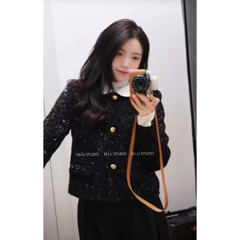 MIU.STUDIO • Áo khoác dạ đính kim sa blinh phối cổ sơmi đính khuy cài , Áo khoác nữ mùa đông dạ tweed dày dặn cao cấp