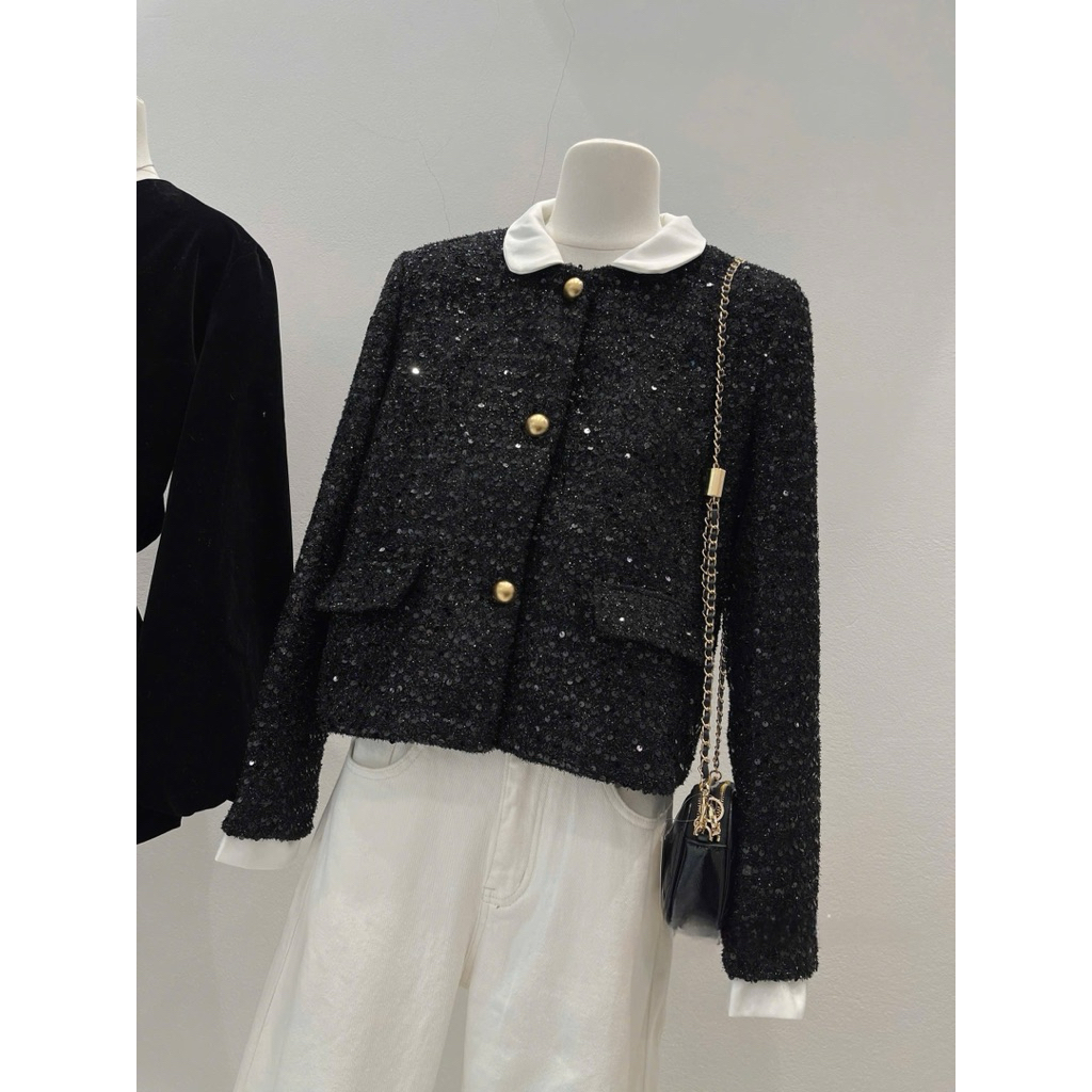 MIU.STUDIO • Áo khoác dạ đính kim sa blinh phối cổ sơmi đính khuy cài , Áo khoác nữ mùa đông dạ tweed dày dặn cao cấp