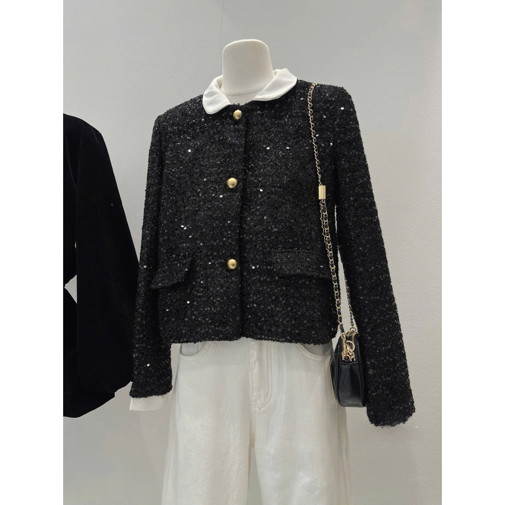 MIU.STUDIO • Áo khoác dạ đính kim sa blinh phối cổ sơmi đính khuy cài , Áo khoác nữ mùa đông dạ tweed dày dặn cao cấp