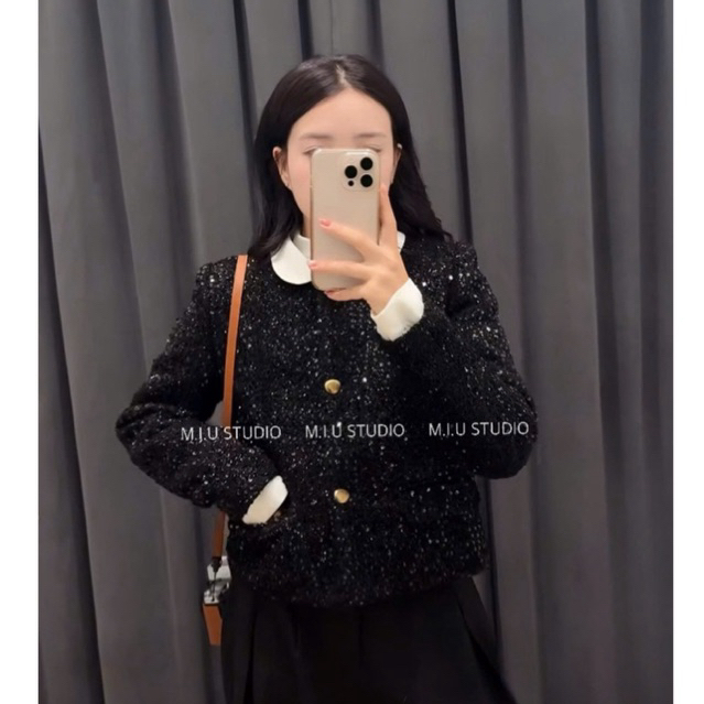 MIU.STUDIO • Áo khoác dạ đính kim sa blinh phối cổ sơmi đính khuy cài , Áo khoác nữ mùa đông dạ tweed dày dặn cao cấp