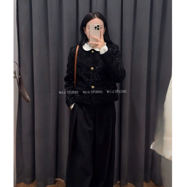 MIU.STUDIO • Áo khoác dạ đính kim sa blinh phối cổ sơmi đính khuy cài , Áo khoác nữ mùa đông dạ tweed dày dặn cao cấp