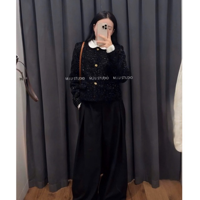 MIU.STUDIO • Áo khoác dạ đính kim sa blinh phối cổ sơmi đính khuy cài , Áo khoác nữ mùa đông dạ tweed dày dặn cao cấp