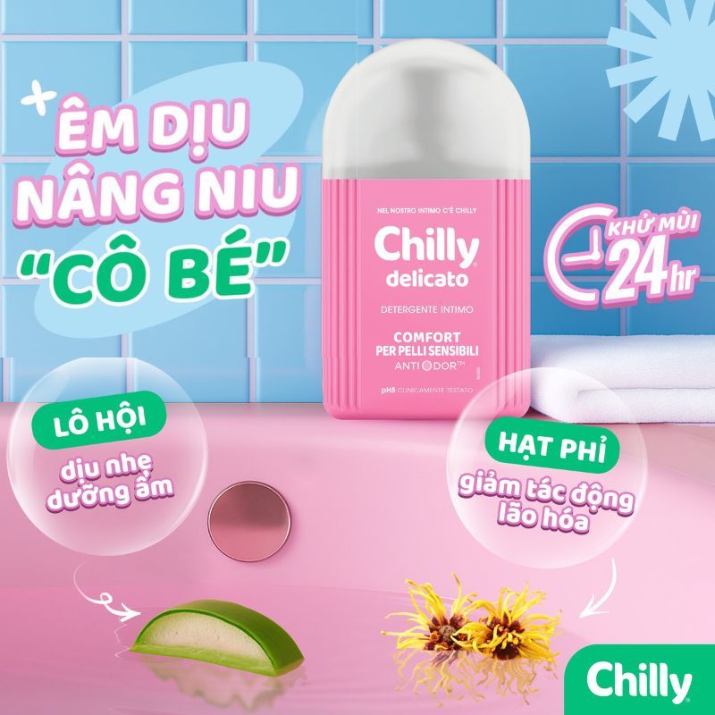 (SẠCH THOÁNG DỊU NHẸ)Combo 2 Dung dịch vệ sinh Chilly Gel+Delicato 200ml sạch thoáng tự nhiên, dịu êm cho da