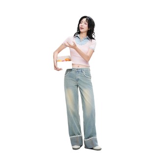CARA Quần jean wash dài Zulido phối ren nữ cá tính