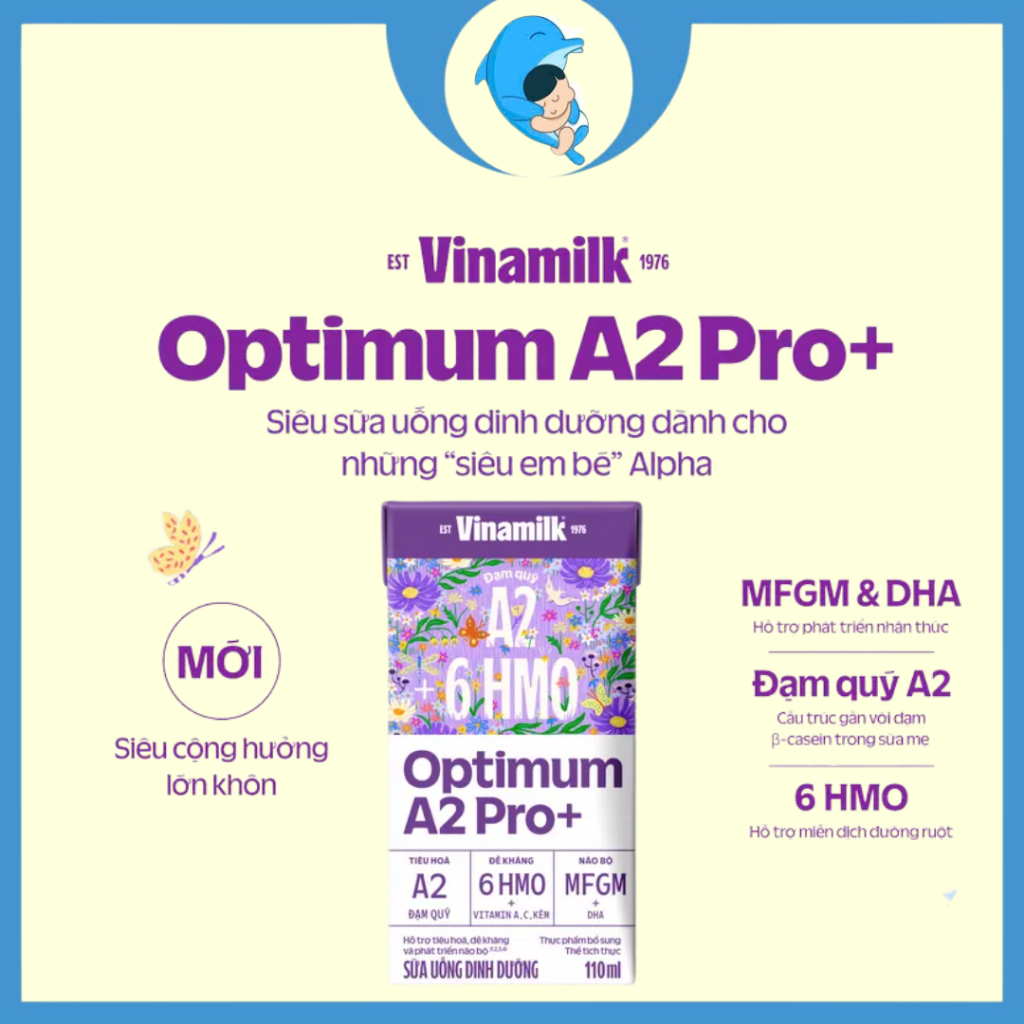 Sữa bột pha sẵn Vinamilk Optimum A2 Pro+ hỗ trợ tiêu hóa tốt, phát triển não bộ (Thùng 24 hộp 110ML/180ML) MECAHEO