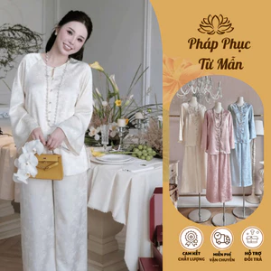 Pháp phục đi chùa Thanh trúc dài tray cổ tròn lụa gấm mềm mịn Bộ đồ đi lễ đính khuy đá cách điệu mặc tết, chụp ảnh