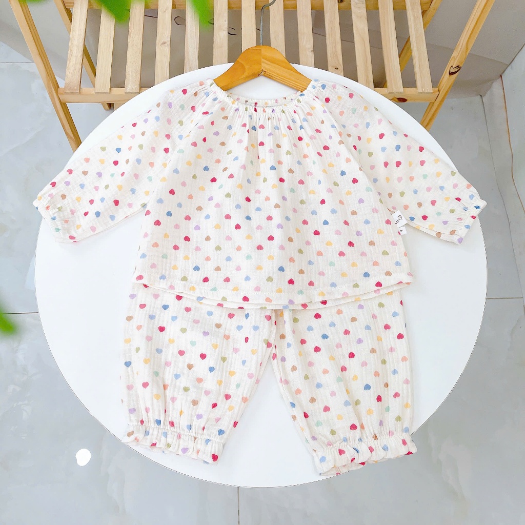 Pijama cho bé gái Lá Homewear A299 xô muslin nhẹ mát, đồ bộ dài tay cho bé cổ chun đính nơ xinh xắn