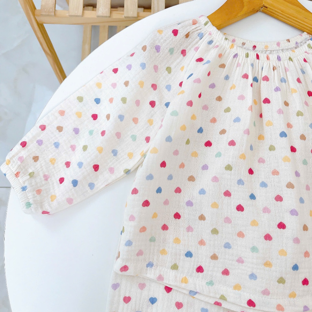 Pijama cho bé gái Lá Homewear A299 xô muslin nhẹ mát, đồ bộ dài tay cho bé cổ chun đính nơ xinh xắn