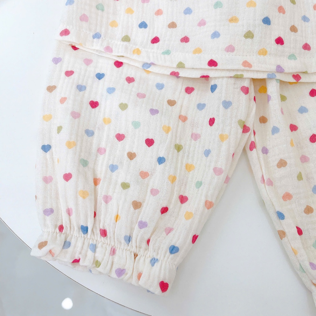 Pijama cho bé gái Lá Homewear A299 xô muslin nhẹ mát, đồ bộ dài tay cho bé cổ chun đính nơ xinh xắn