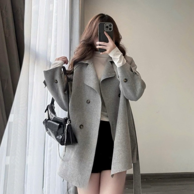 Áo khoác dạ mangto dáng lửng  MIU.STUDIO , thiết kế đính cúc kèm đai thắt eo phong cách HQ mặc mùa thu đông