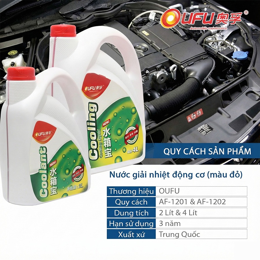 Nước Làm Mát Giải Nhiệt Động Cơ Xe Màu Đỏ OUFU AF-1202 4L Phù Hợp Cho Nhiều Dòng Xe Ô Tô Xe Hơi Xe Tải Xe Máy