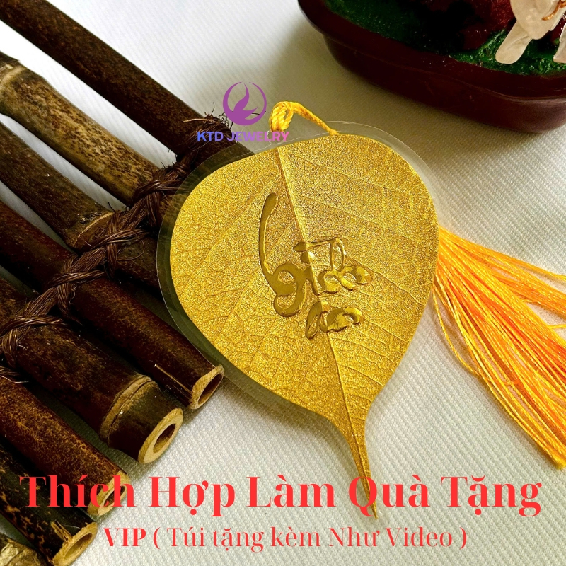 Lá Bồ Đề Chữ Thư Pháp Nhũ VIP để Ốp Điện Thoại,Treo ô tô, Có túi đựng thích hợp làm quà tặng Cao Cấp