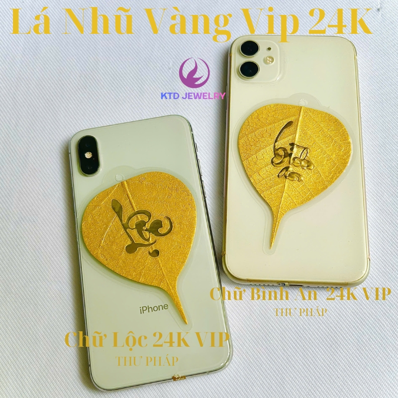 Lá Bồ Đề Chữ Thư Pháp Nhũ VIP để Ốp Điện Thoại,Treo ô tô, Có túi đựng thích hợp làm quà tặng Cao Cấp