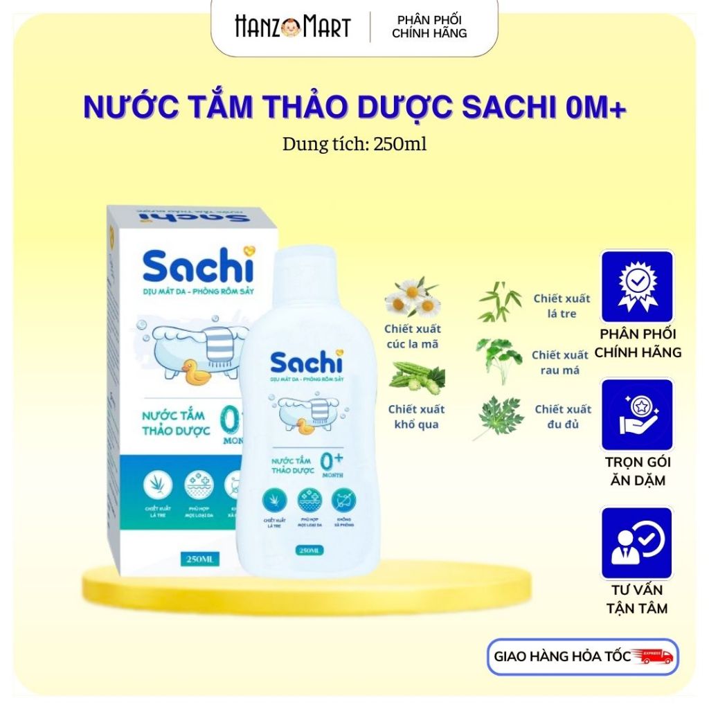 Nước Tắm Thảo Dược Sachi Ngừa Rôm Sảy, Làm Ấm Hỗ Trợ Ngăn Cảm Cúm, Cảm Lạnh Cho Bé Lọ 250ml
