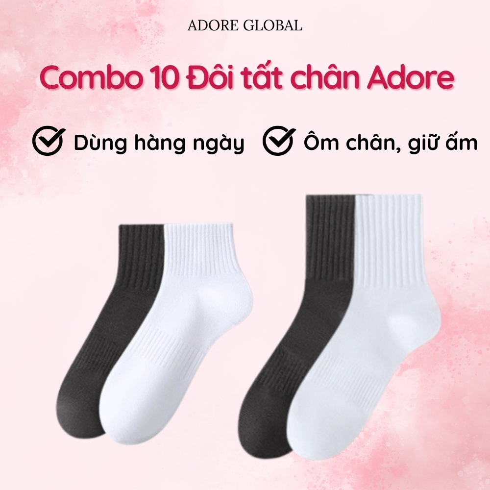Combo 10 Đôi Tất Vớ Chân Nam Nữ Adore Trơn Basic Êm Ái Dày Dặn Thoáng Khí - Adore Global