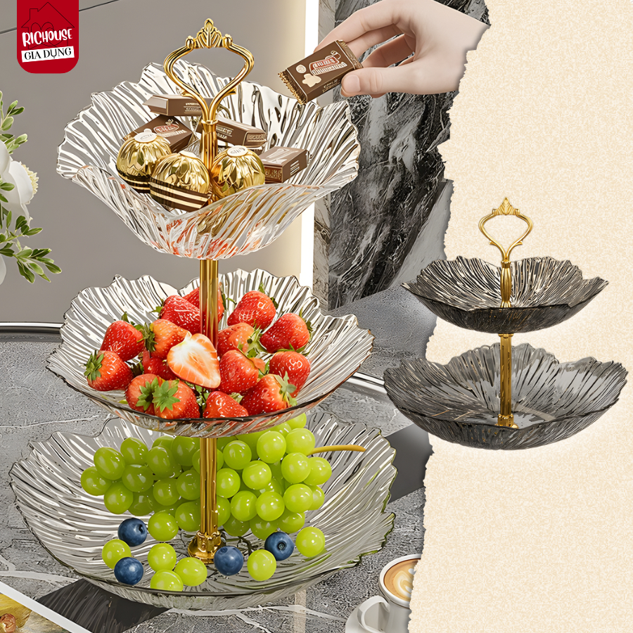 Đĩa Đựng Bánh Kẹo 2-3 Tầng Trong Suốt Vân Kim Cương, Khay Đựng Hoa Quả Mứt Tết Sâu Lòng Decor Tiệc