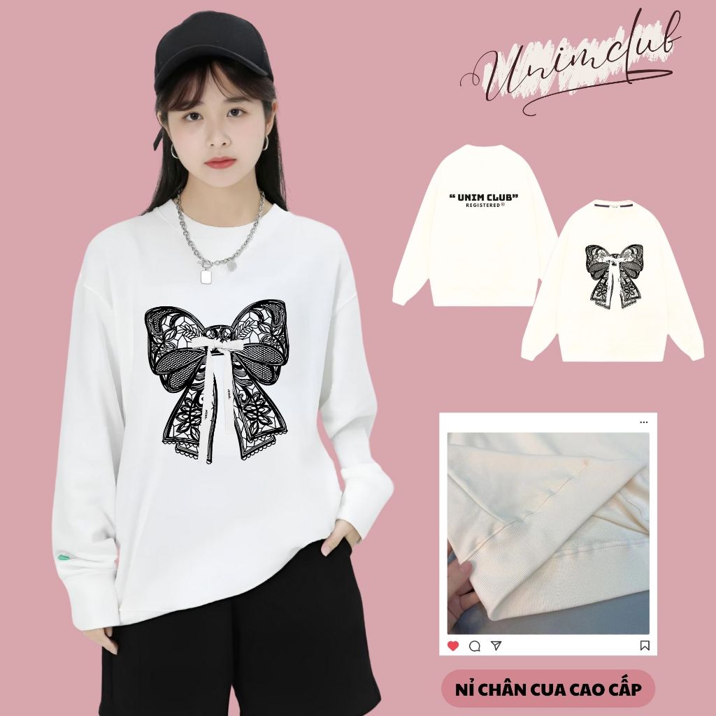 [Hàng Outlet 70%] Áo Sweater In Cao Su Nổi Nơ Lụa Hàn Quốc UnimClub Form Unisex Vải Nỉ Chân Cua 350Gsm Cao Cấp - ASNO