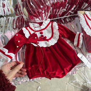 Body dài tay nhung đỏ bé gái 4-11Kg tặng kèm nơ cài tóc đáng yêu. Set body đỏ bé gái. Dino Kids