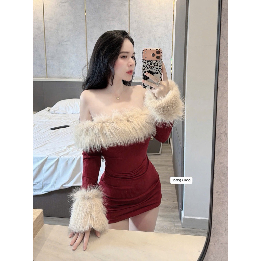 Đầm body trễ vai phối lông cực xinh đi chơi noel chơi tết