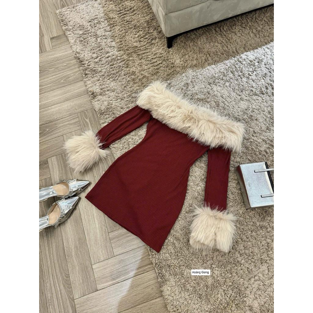 Đầm body trễ vai phối lông cực xinh đi chơi noel chơi tết