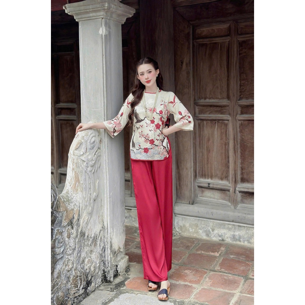 Bộ đồ ngủ nữ cao cấp VY LINH in 3D lụa xước phối quần latin đính ngọc mặc mềm mại thoáng mát dễ chịu s997 LỤA XƯỚC