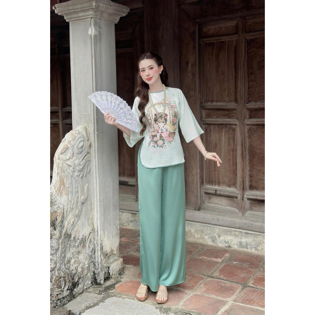 Bộ đồ ngủ nữ cao cấp VY LINH in 3D lụa xước phối quần latin đính ngọc mặc mềm mại thoáng mát dễ chịu s997 LỤA XƯỚC